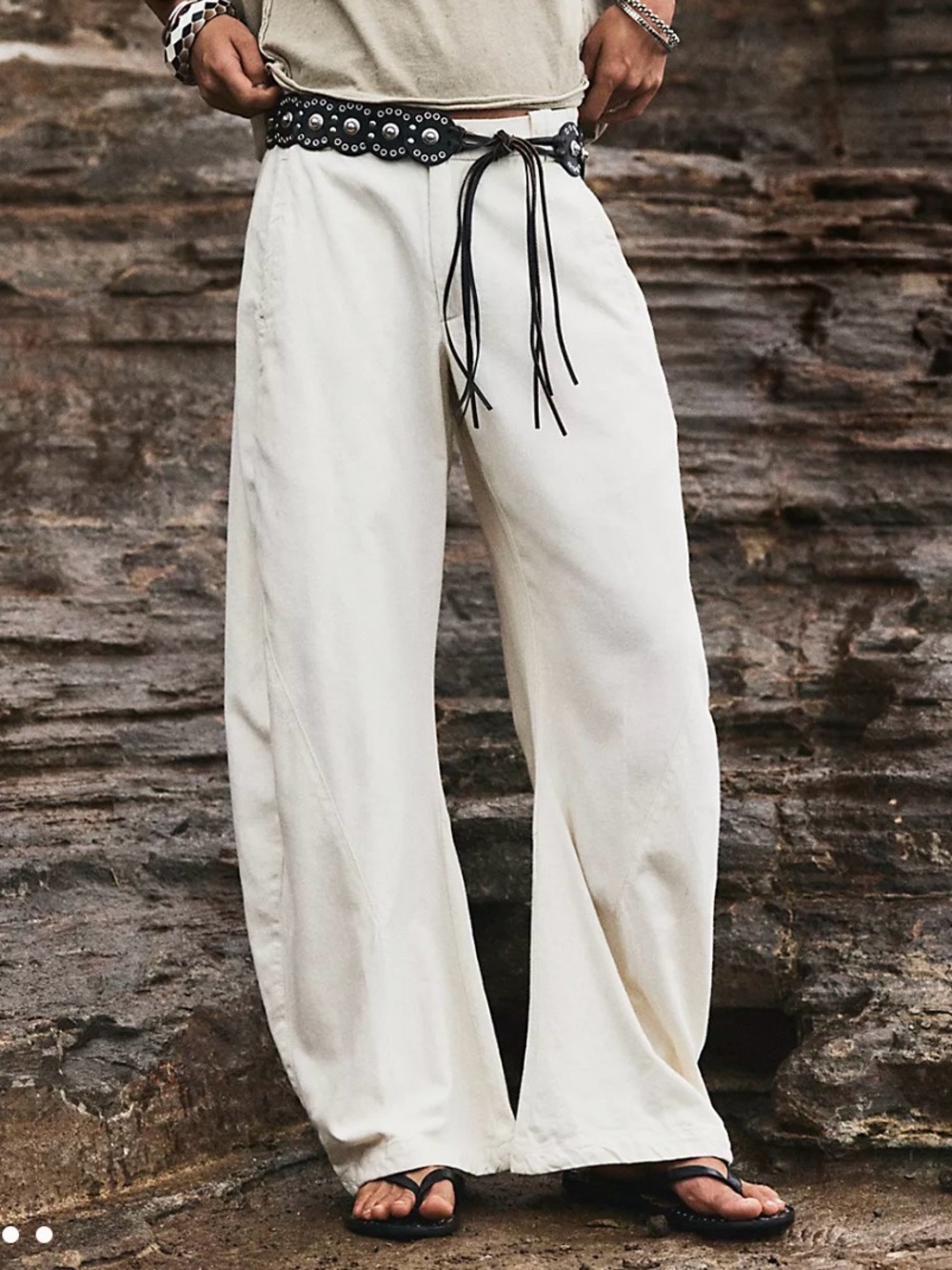 Free People Cream Wide-Leg Trousers with Belt - Picture 4 of 5